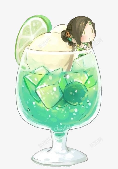 手绘冷饮png免抠素材_新图网 https://ixintu.com 冰块 卡通 女孩 高脚杯