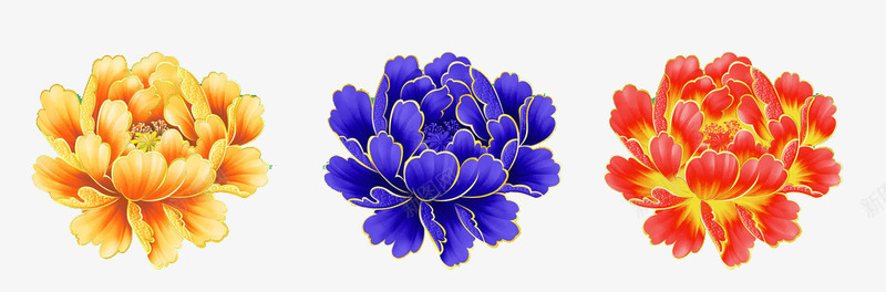 彩色牡丹花png免抠素材_新图网 https://ixintu.com 国花 大牡丹花 大花朵 红色 蓝色 黄色
