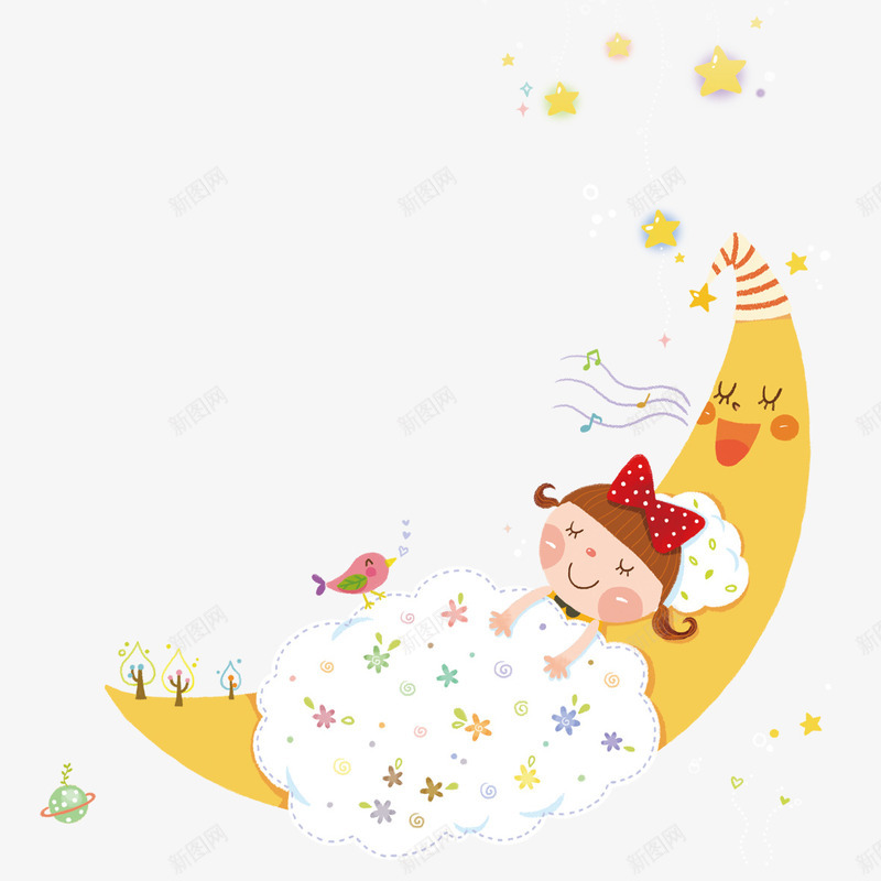 扁平星空psd免抠素材_新图网 https://ixintu.com 创意 小女孩 小树 扁平星空 星星 星空 月亮 美丽