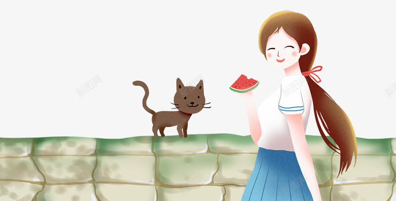手绘立夏节气水彩装饰插图png免抠素材_新图网 https://ixintu.com 二十四节气 吃西瓜 女孩 手绘 水彩 猫咪 立夏 装饰插图