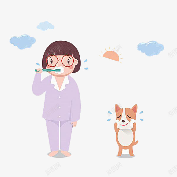 我与狗狗的日常png免抠素材_新图网 https://ixintu.com 卡通手绘 可爱画风 太阳 宠物 洗脸卡通 清洁