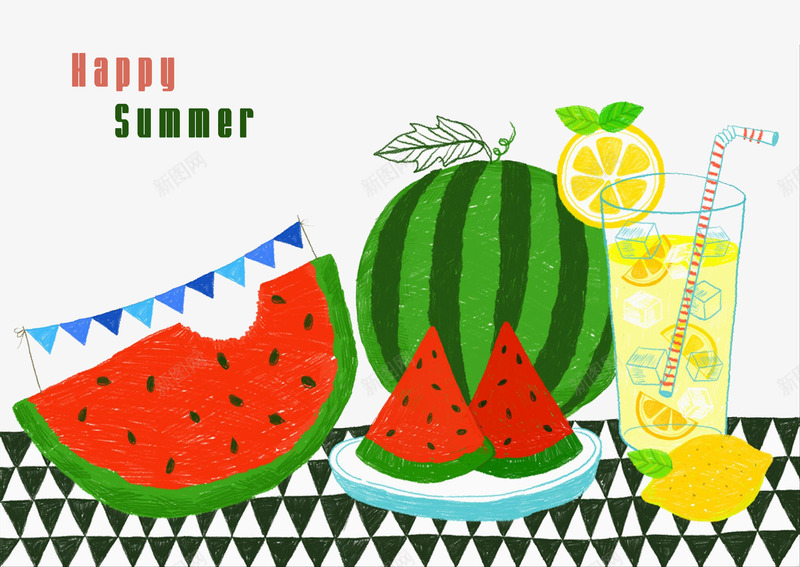 夏日冷饮png免抠素材_新图网 https://ixintu.com 柠檬汁 红色 绿色 西瓜