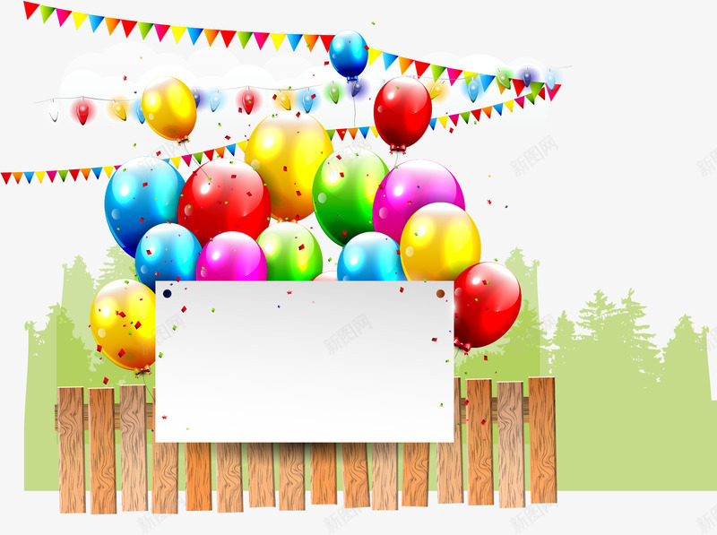 庆祝生日气球矢量图eps免抠素材_新图网 https://ixintu.com 三角彩旗 剪影树林 庆祝 彩色 彩色气球 彩色纸屑 栅栏 气球 炫彩 生日 纸屑 话框 飘纸 矢量图