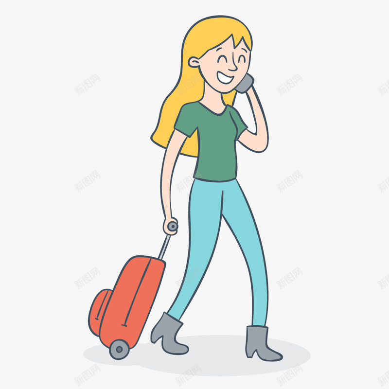 打电话的女人卡通图png免抠素材_新图网 https://ixintu.com 出差 卡通 打电话 旅行 行李箱 黄发美女