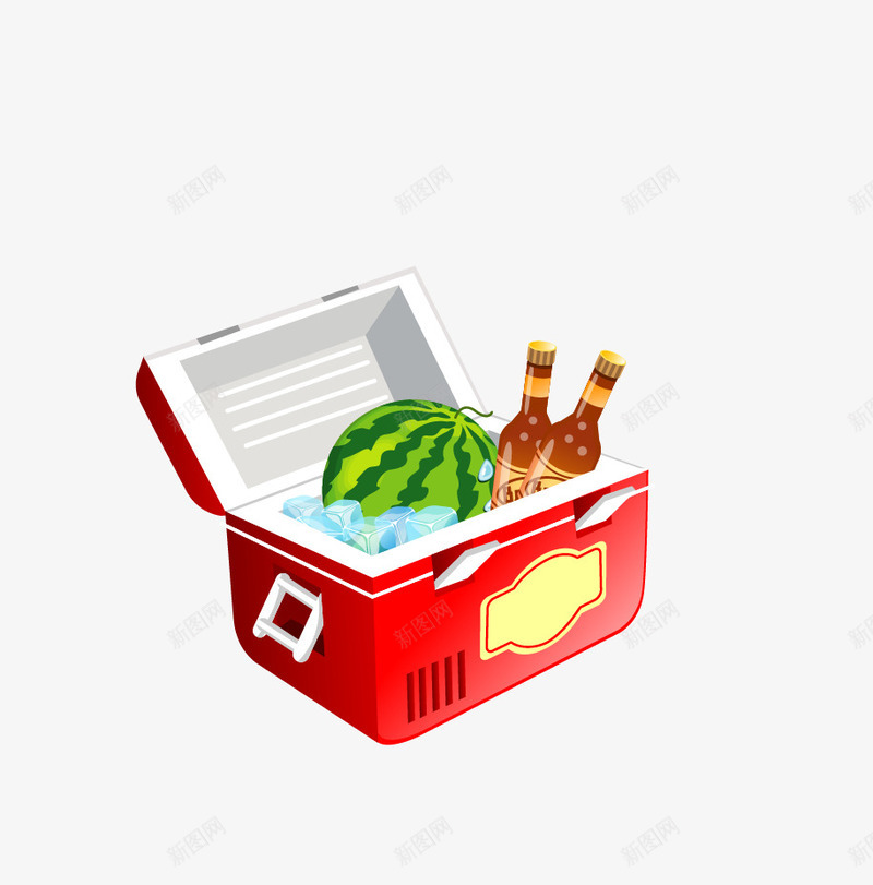 一箱子冰镇饮料png免抠素材_新图网 https://ixintu.com 冰块 瓶子 箱子 西瓜 饮料