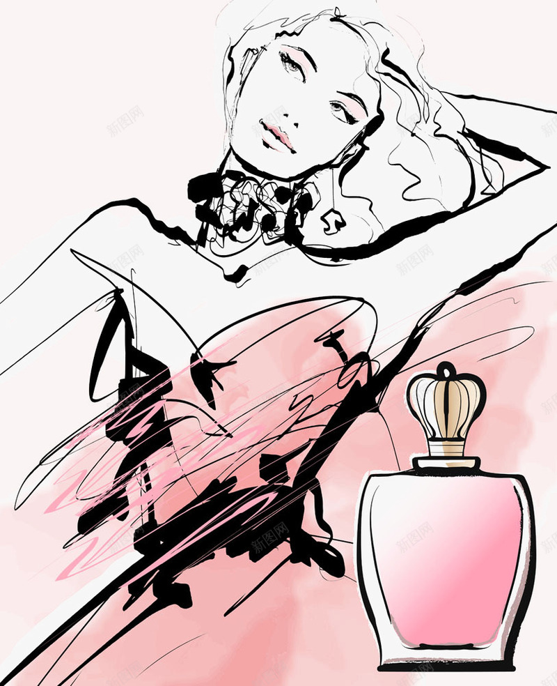 手绘女孩与香水图标png_新图网 https://ixintu.com 女人 女孩 手绘 水墨画 水墨画女性 粉色 素描 香水
