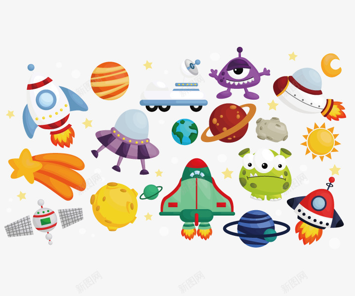 儿童插画矢量图ai免抠素材_新图网 https://ixintu.com 儿童 卡通 太空 太阳 飞船 矢量图