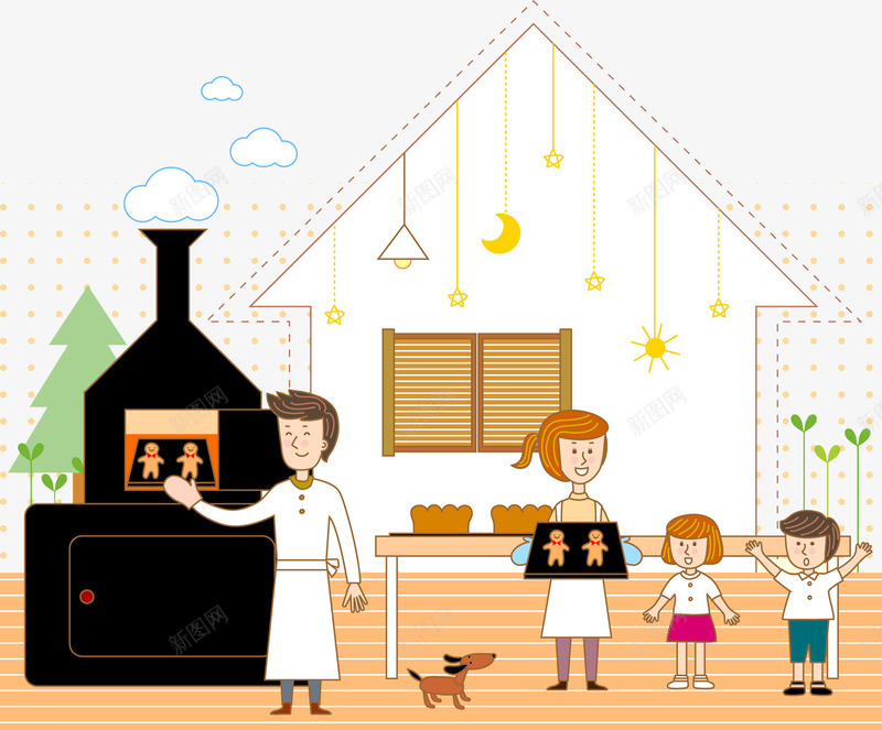 烘焙饼干场景png免抠素材_新图网 https://ixintu.com 场景 太阳 小狗 星星 条纹 烘焙 男孩 窗户 绿叶 饼干