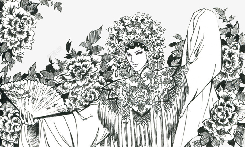 素描花旦唱戏png免抠素材_新图网 https://ixintu.com 唱戏 戏曲 牡丹花 花旦