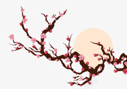 手绘桃树桃花和月亮素材