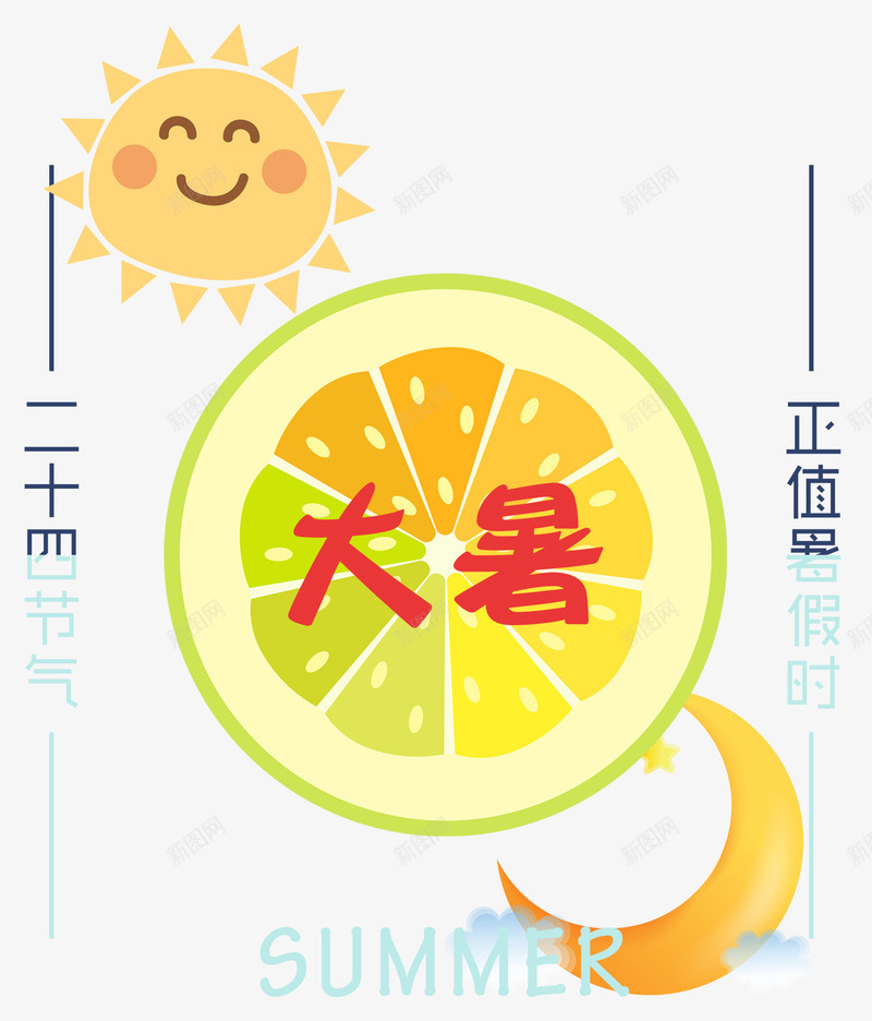 大暑装饰主题图案psd免抠素材_新图网 https://ixintu.com 二十四节气 卡通手绘 大暑 太阳 柠檬 装饰图案