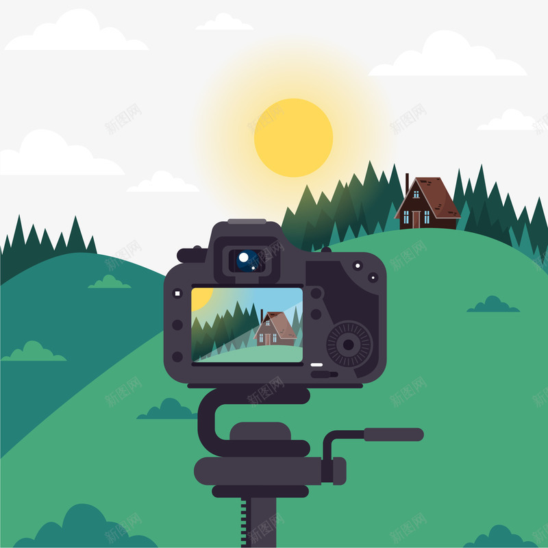 拍摄郊外风景的相机png免抠素材_新图网 https://ixintu.com 云 太阳 房屋 摄影 树木 照相机 风景