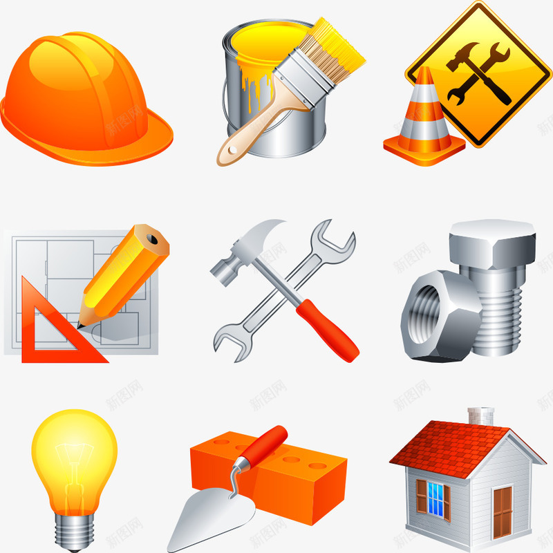 房屋施工工具矢量图ai免抠素材_新图网 https://ixintu.com 刷子 房屋施工 扳手 灯泡 螺丝 铅笔 矢量图