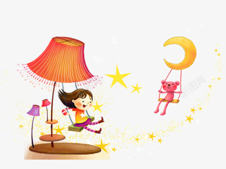 童趣png免抠素材_新图网 https://ixintu.com 台灯秋千月亮秋千布偶熊女孩子星星
