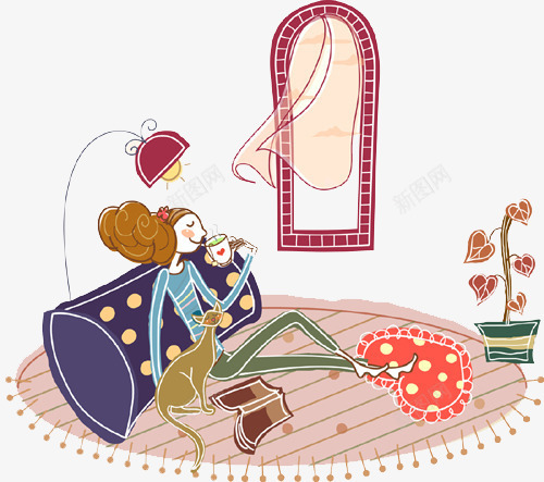 女生在家喝咖啡png免抠素材_新图网 https://ixintu.com 地毯 沙发 盆栽 窗户 绘画