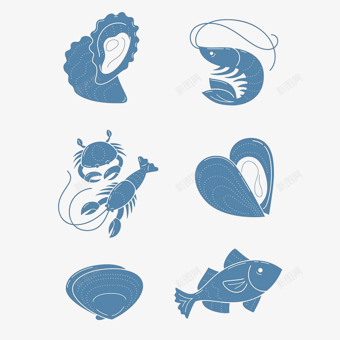 手绘蓝色海洋生物psd免抠素材_新图网 https://ixintu.com 手绘 海洋生物 蓝色 虾 鱼