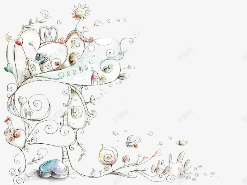 插画山上的房子png免抠素材_新图网 https://ixintu.com 创意插画 卡通插画 可爱插画 房子 插画 水彩 花纹 藤蔓 风景插画