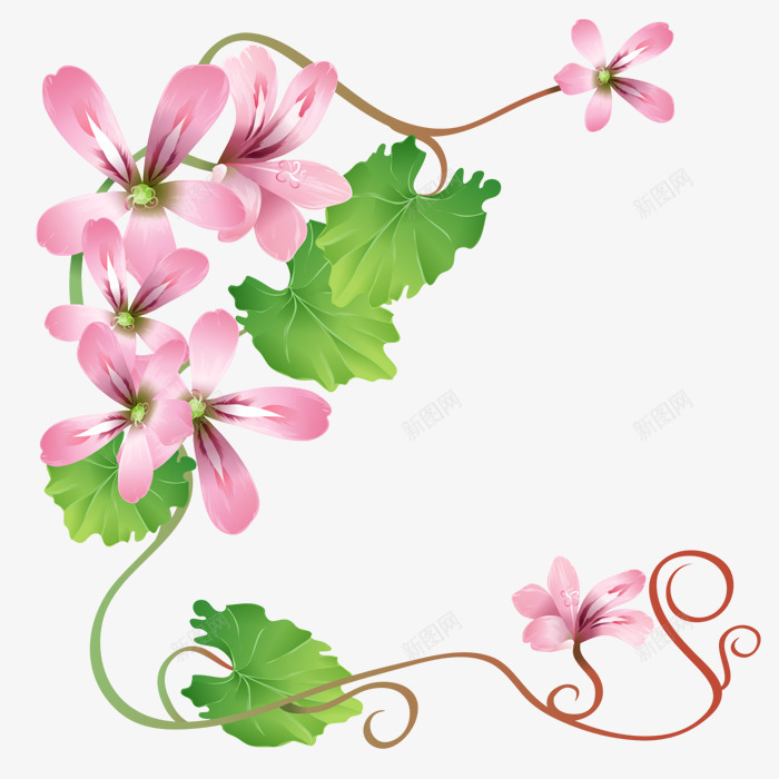 粉色花藤png免抠素材_新图网 https://ixintu.com 卡通 叶子 手绘 简图 粉色 绿色 花朵 藤条
