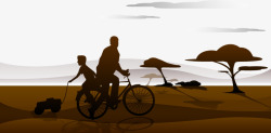 手绘绘画两父子日落骑单车场景素材