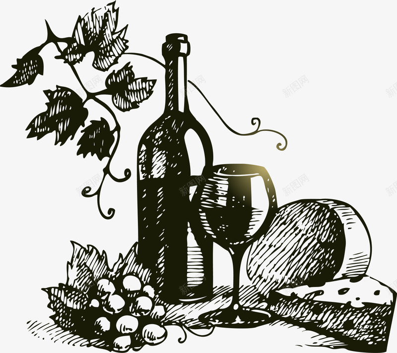 手绘黑色红酒酒瓶png免抠素材_新图网 https://ixintu.com 手绘酒瓶 素描 红酒酒瓶 绘画 黑色背景 黑色酒瓶