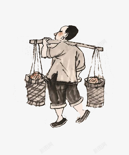 水墨画男子挑担子png免抠素材_新图网 https://ixintu.com 农民 农民劳作 劳作 担子 挑夫 挑担子 挑担子图 水墨画 男子 篮子 绘画艺术