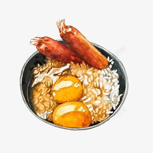 火腿鸡蛋黄盖饭手绘画片psd免抠素材_新图网 https://ixintu.com 手绘美食 火腿肠 盖饭 米饭 酱汁饭 鸡蛋黄