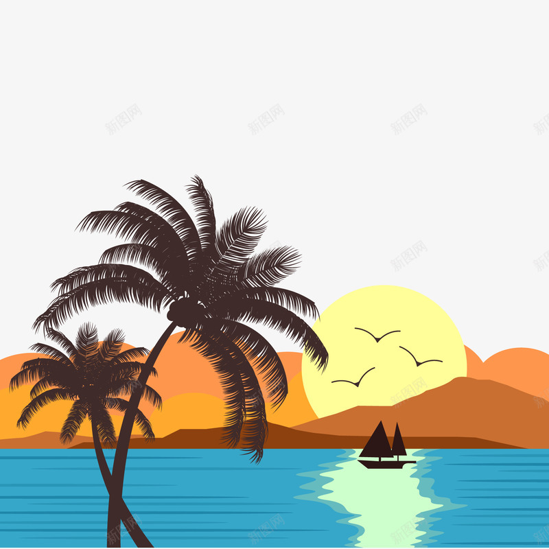 海边的落日风景矢量图ai免抠素材_新图网 https://ixintu.com 太阳 帆船 植物 海边 美景 落日 风景 矢量图