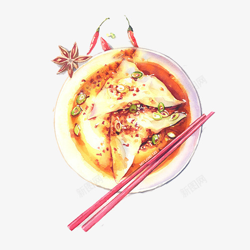红油抄手手绘画片png免抠素材_新图网 https://ixintu.com 八角 小吃 手绘美食 抄手 辣味 辣椒