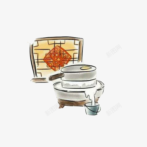 石磨手绘画片png免抠素材_新图网 https://ixintu.com 水彩画 石磨 磨豆子 窗花 老式生活工具