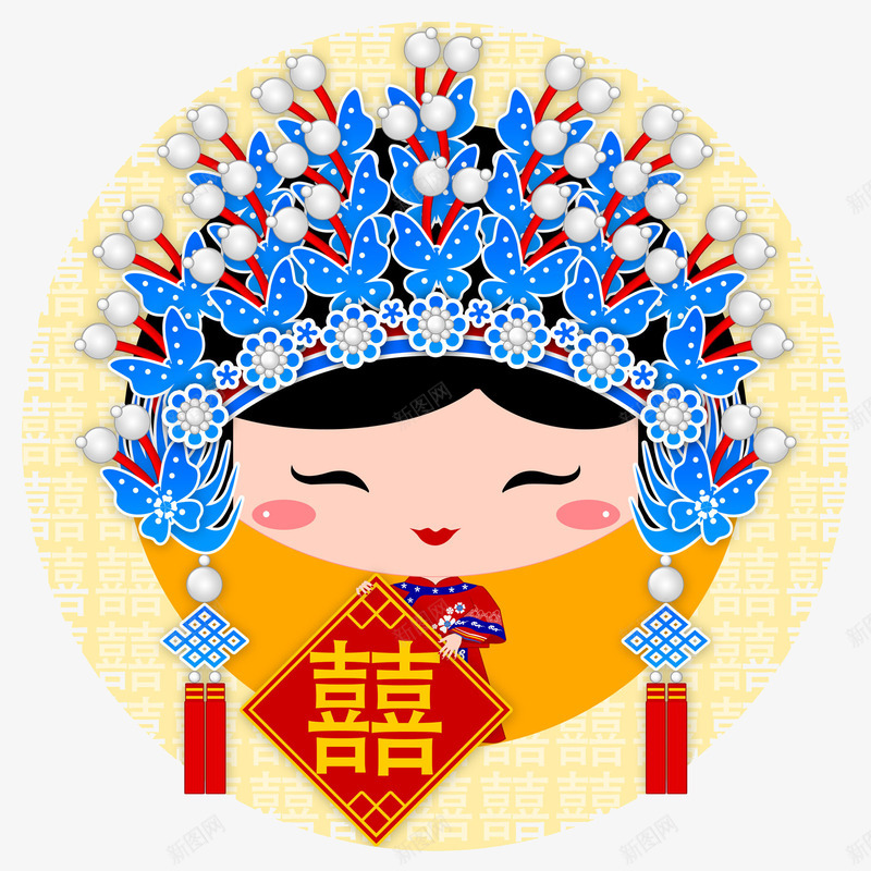 手绘女孩png免抠素材_新图网 https://ixintu.com 中国风 卡通 古风 喜字 女孩 微笑 手绘 新娘 皇冠
