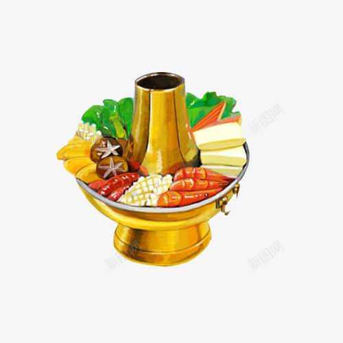 铜火锅手绘画片png免抠素材_新图网 https://ixintu.com 中国美食 水彩画 美食 老火锅 铜火锅