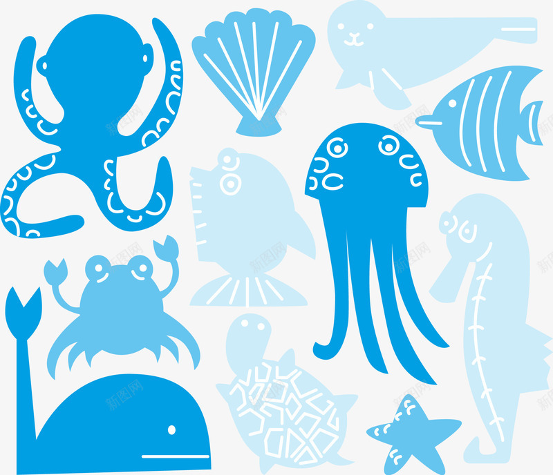 手绘海洋生物矢量图ai免抠素材_新图网 https://ixintu.com 卡通 手绘 海洋生物 蓝色 矢量图