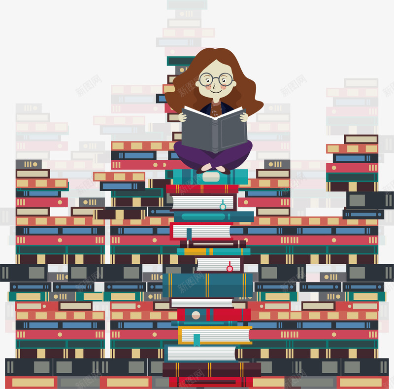 坐在书籍堆上的女孩矢量图ai免抠素材_新图网 https://ixintu.com 书籍堆 可爱女孩 看书 眼镜女孩 矢量png 知识的海洋 矢量图