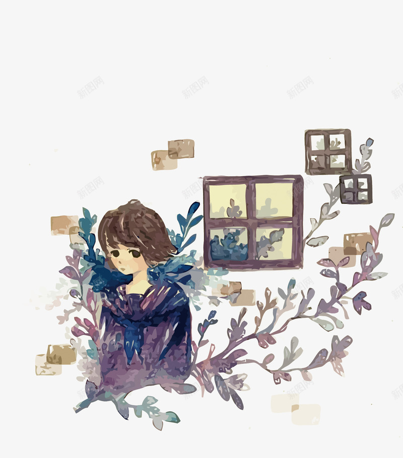 水彩插画png免抠素材_新图网 https://ixintu.com PNG图片 PNG图片素材 PNG素材 PNG素材免费下载 少女 手绘 水彩 窗户 花藤