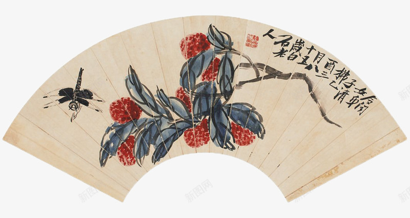 荔枝花鸟扇面画png免抠素材_新图网 https://ixintu.com 中国风 国画 扇面画 花鸟 荔枝 荔枝花 蜻蜓 设色水墨 静物画