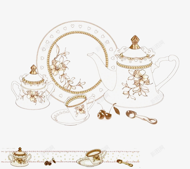 带印花的白色瓷器png免抠素材_新图网 https://ixintu.com 盘子 精美 细腻 茶壶 茶杯