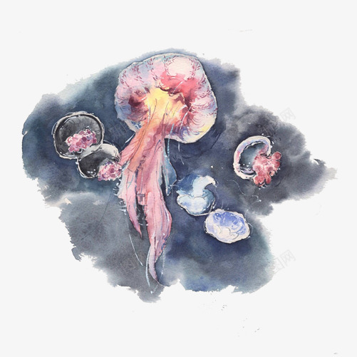 水母水彩画片png免抠素材_新图网 https://ixintu.com 动物 水彩画 水母 海洋生物 蓝色