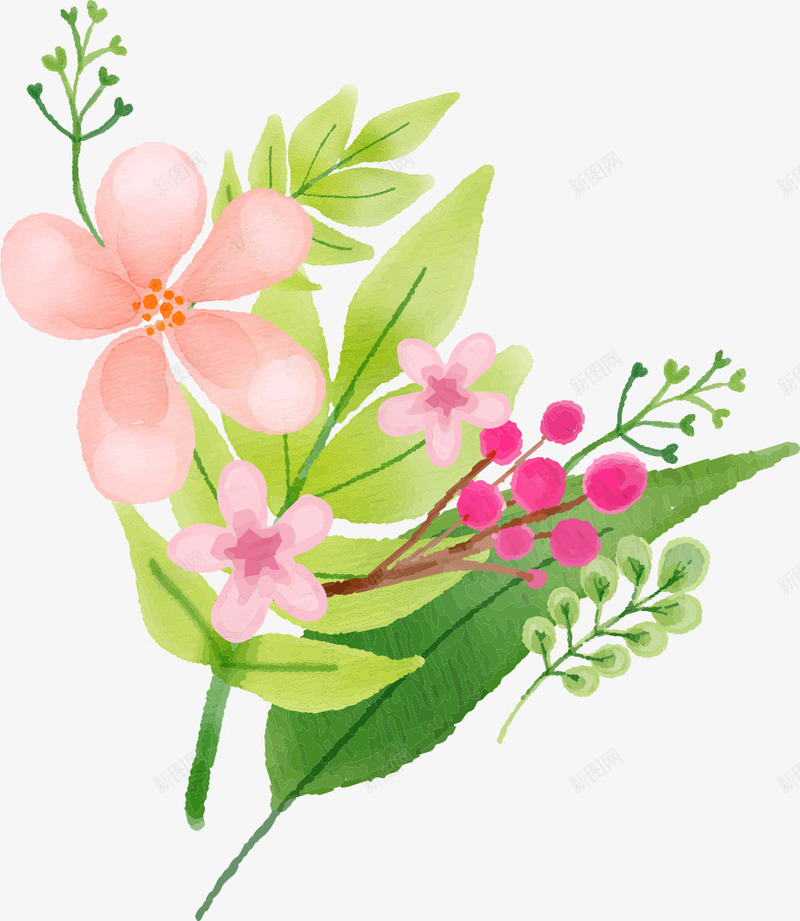 手绘花草png免抠素材_新图网 https://ixintu.com 卡通 手绘 枝叶 简图 粉色的 绿色的 花草 藤条