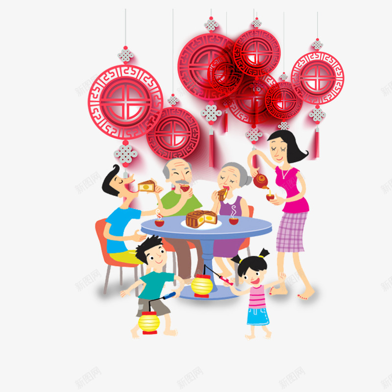家人中秋节团圆电商海报png免抠素材_新图网 https://ixintu.com 中秋节 传统节日 剪纸 卡通手绘人物 团圆 家人 月饼 食物