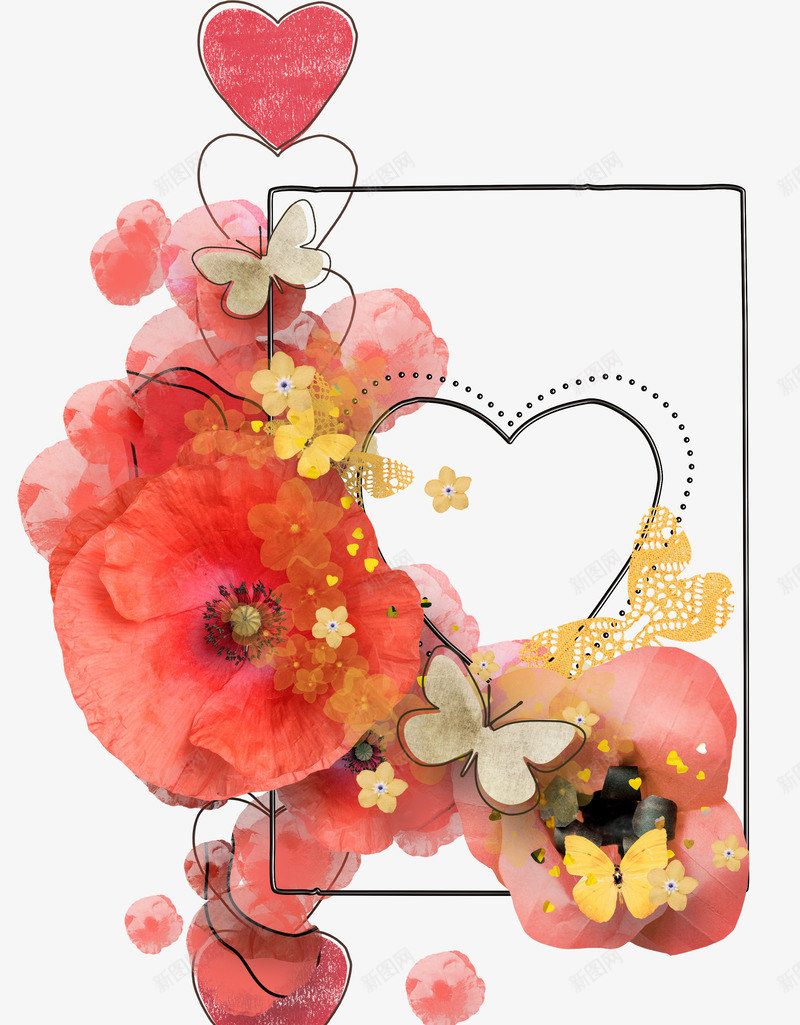 花朵装饰桃心相框png免抠素材_新图网 https://ixintu.com 桃心 桃心相框 花朵 蝴蝶