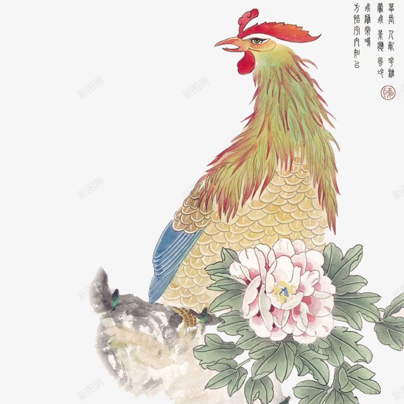 古风彩绘白花公鸡png免抠素材_新图网 https://ixintu.com 公鸡 古风 彩绘 白花