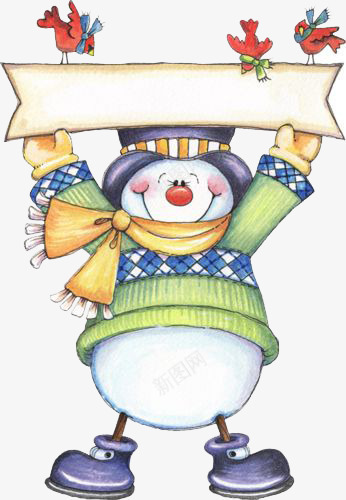 卡通手绘拉条幅的雪人png免抠素材_新图网 https://ixintu.com 小鸟 手绘 横幅 雪人