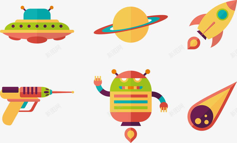 太空矢量图ai免抠素材_新图网 https://ixintu.com 星球 机器人 橙色 火箭 飞碟 矢量图
