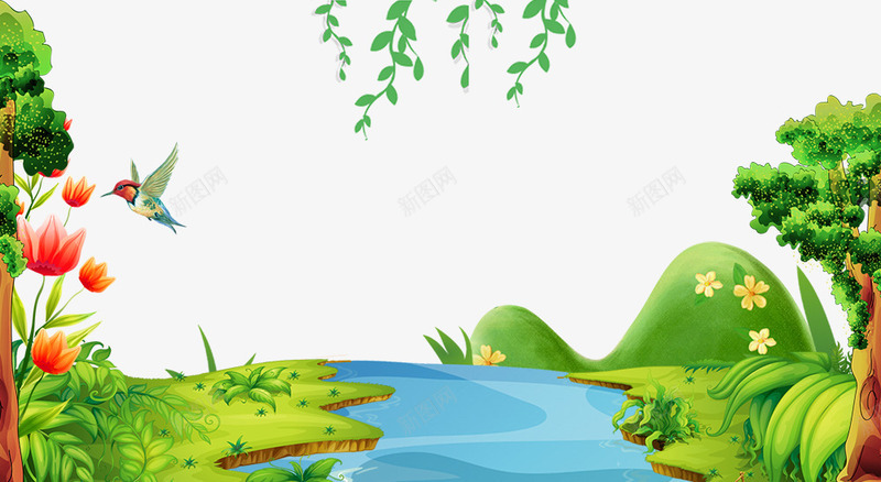 春季林间的小溪主题边框png免抠素材_新图网 https://ixintu.com 叶子装饰 大自然景色 手绘 春季 春色 林间的小溪 树木装饰 植物装饰 花朵装饰