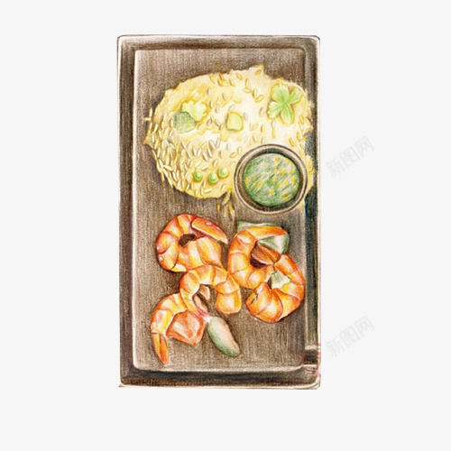 海鲜套餐手绘画片psd免抠素材_新图网 https://ixintu.com 意面 手绘美食 木头托盘 绿茶 色彩画 虾子