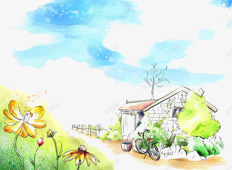 乡下的风景png免抠素材_新图网 https://ixintu.com 单车 大树 房屋 手绘 树木 绿色 花儿 草地 野花 风景