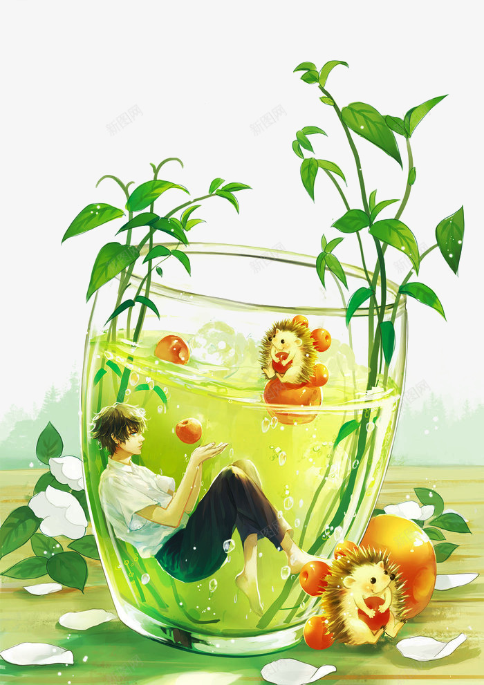 创意手绘杯子里的少年png免抠素材_新图网 https://ixintu.com 创意 刺猬 奇幻 少年 彩绘 手绘杯子 插画 水彩