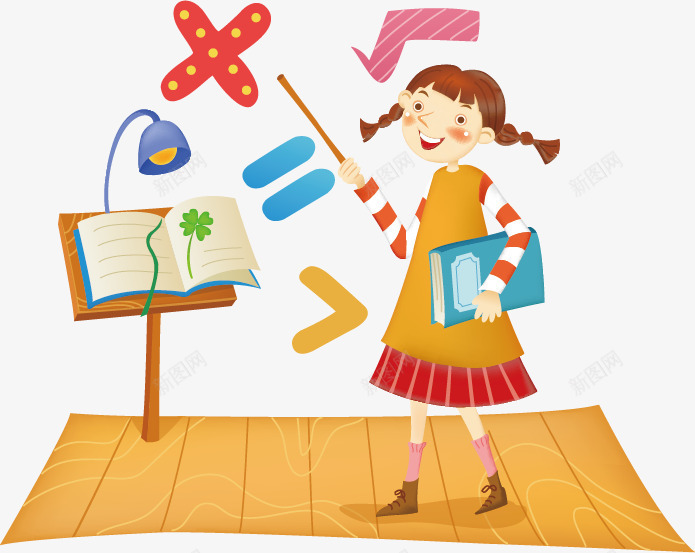 学习卡通矢量图ai免抠素材_新图网 https://ixintu.com 卡通 女孩 学习 学校 学生 彩色 插图插画 数学符号 矢量图 认真学习