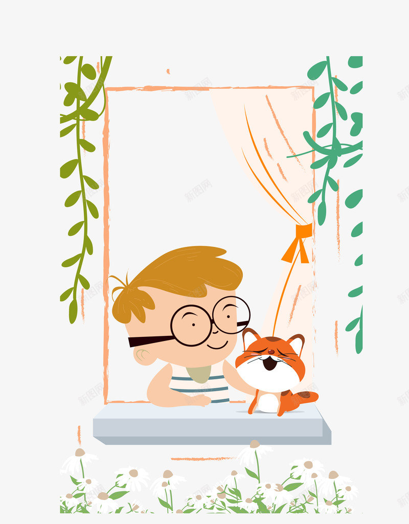 猫卡通男孩插画png免抠素材_新图网 https://ixintu.com 宠物 小男孩 彩色小男孩 猫 矢量背景 童年生活 童年背景