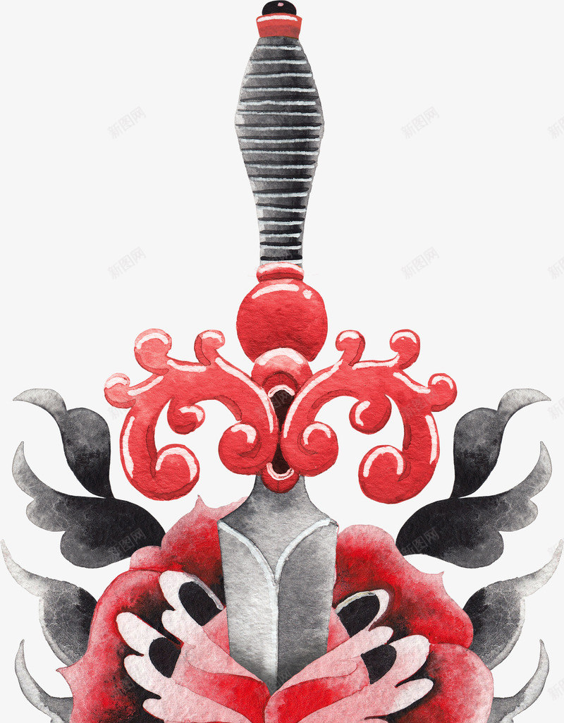 手绘创意爱心匕首图png免抠素材_新图网 https://ixintu.com 卡通手绘 宝剑 小清新 桃心 水彩 爱心 红色 黑色